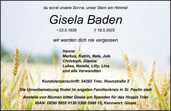 Todesanzeige von Gisela Baden von trierischer_volksfreund