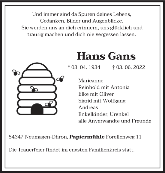 Todesanzeige von Hans Gans von trierischer_volksfreund
