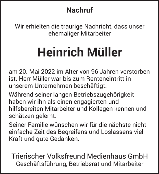 Todesanzeige von Heinrich Müller von trierischer_volksfreund