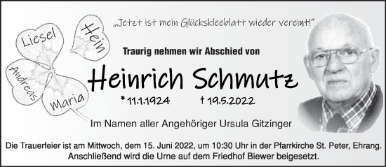 Todesanzeige von Heinrich Schmutz von trierischer_volksfreund