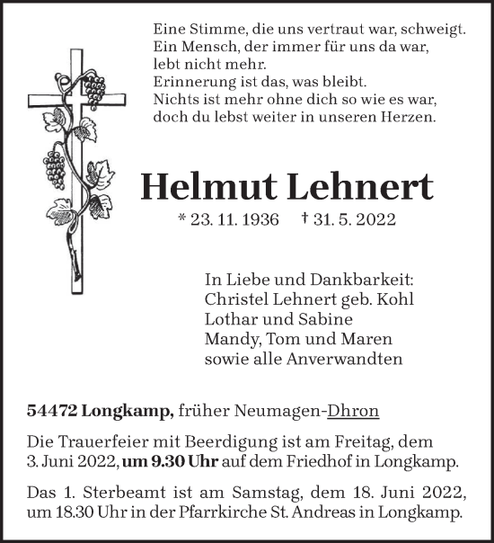 Todesanzeige von Helmut Lehnert von trierischer_volksfreund