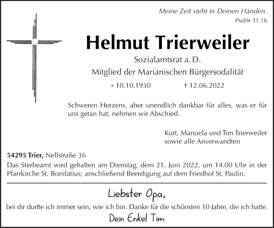 Todesanzeige von Helmut Trierweiler von trierischer_volksfreund
