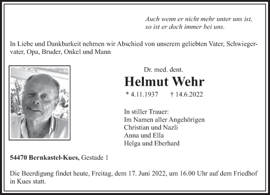 Todesanzeige von Helmut Wehr von trierischer_volksfreund