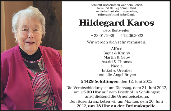 Todesanzeige von Hildegard Karos von trierischer_volksfreund