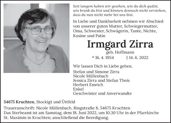 Todesanzeige von Irmgard Zirra von trierischer_volksfreund