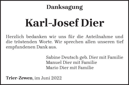 Todesanzeige von Karl-Josef Dier von trierischer_volksfreund