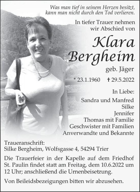 Todesanzeige von Klara Bergheim von trierischer_volksfreund