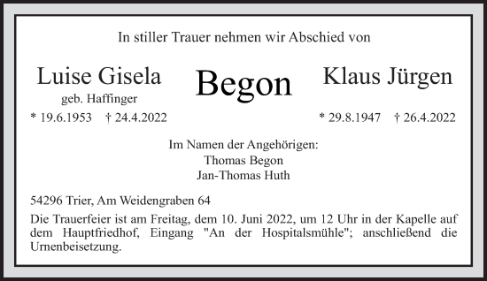 Todesanzeige von Luise Gisela und Klaus Jürgen Begon von trierischer_volksfreund