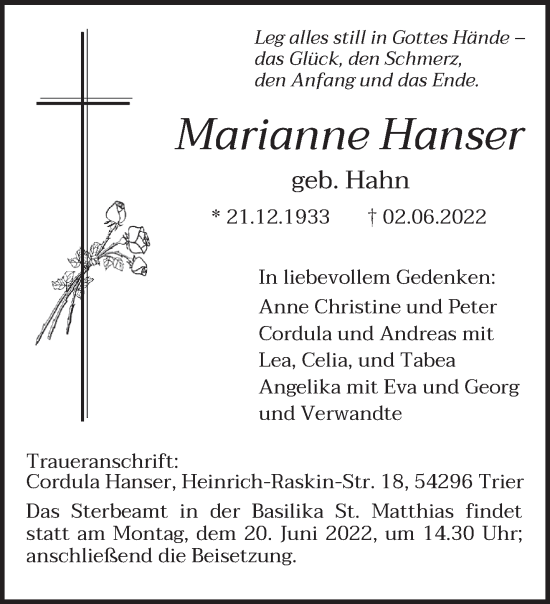 Todesanzeige von Marianne Hanser von trierischer_volksfreund