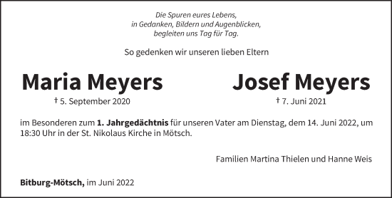 Todesanzeige von Maria und Josef Meyers von trierischer_volksfreund