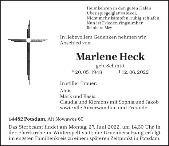 Todesanzeige von Marlene Heck von trierischer_volksfreund
