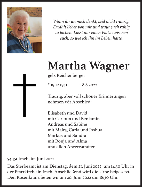 Todesanzeige von Martha Wagner von trierischer_volksfreund