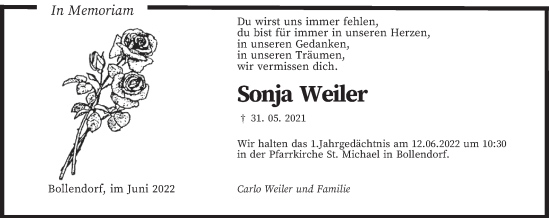 Todesanzeige von Sonja Weiler von trierischer_volksfreund