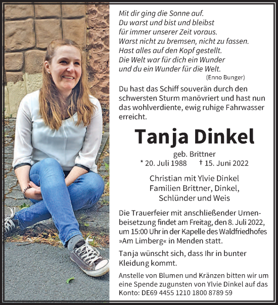 Todesanzeige von Tanja Dinkel von trierischer_volksfreund