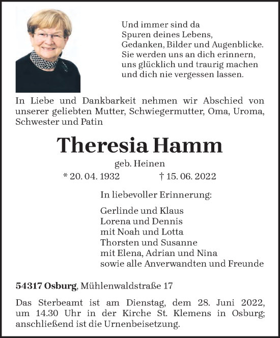 Todesanzeige von Theresia Hamm von trierischer_volksfreund