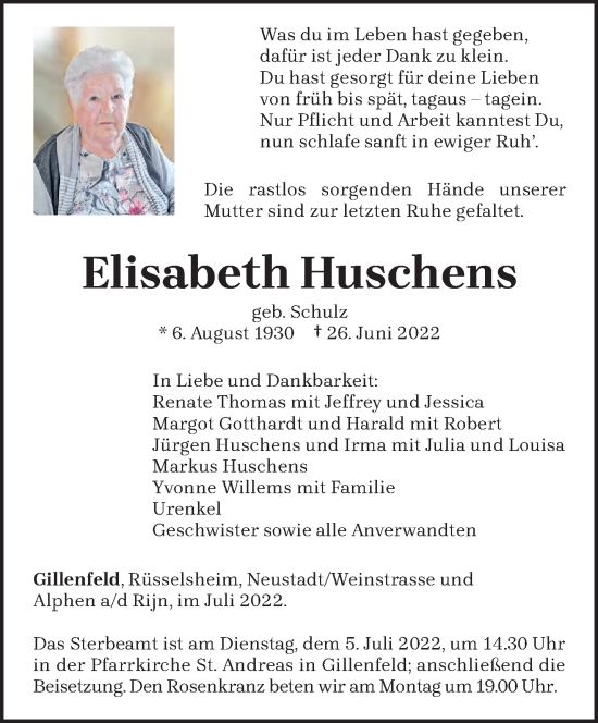Todesanzeige von Elisabeth Huschens von trierischer_volksfreund