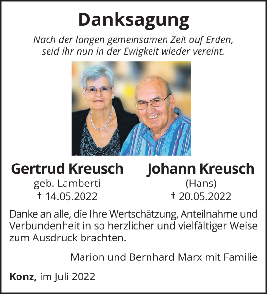 Todesanzeige von Gertrud und Johann Kreusch von trierischer_volksfreund