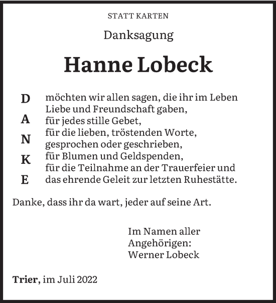 Todesanzeige von Hanne Lobeck von trierischer_volksfreund