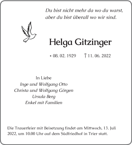 Todesanzeige von Helga Gitzinger von trierischer_volksfreund