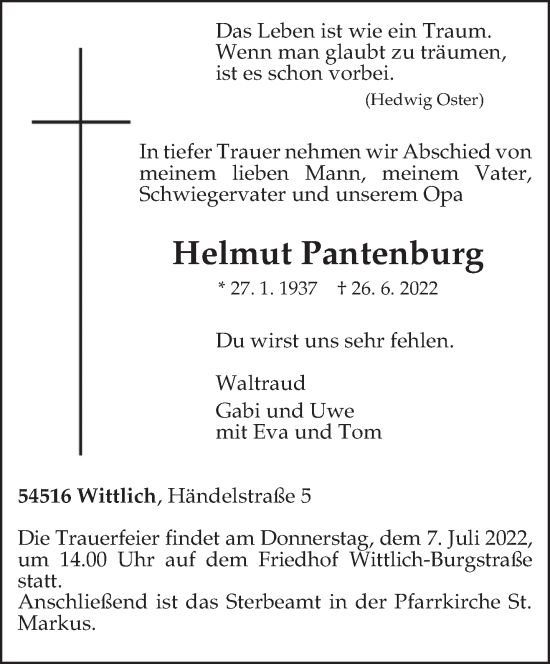 Todesanzeige von Helmut Pantenburg von trierischer_volksfreund