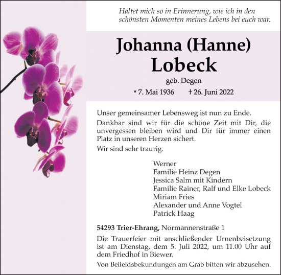 Todesanzeige von Johanna Lobeck von trierischer_volksfreund