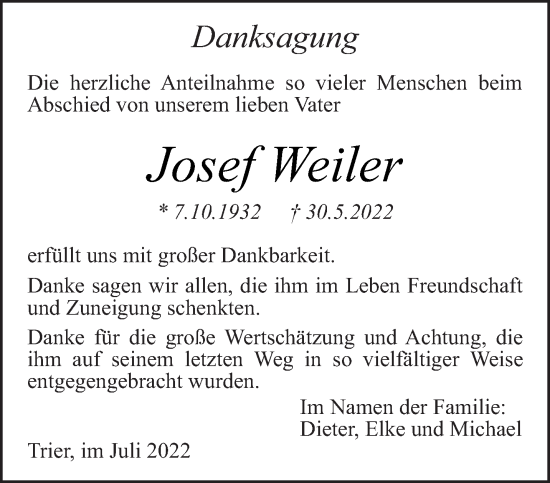 Todesanzeige von Josef Weiler von trierischer_volksfreund