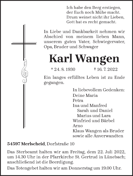 Todesanzeige von Karl Wangen von trierischer_volksfreund