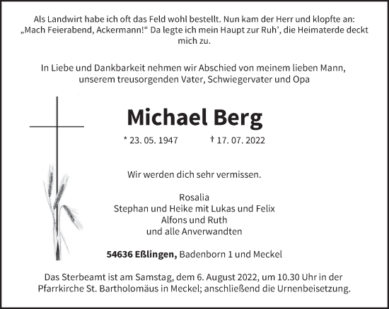 Todesanzeige von Michael Berg von trierischer_volksfreund