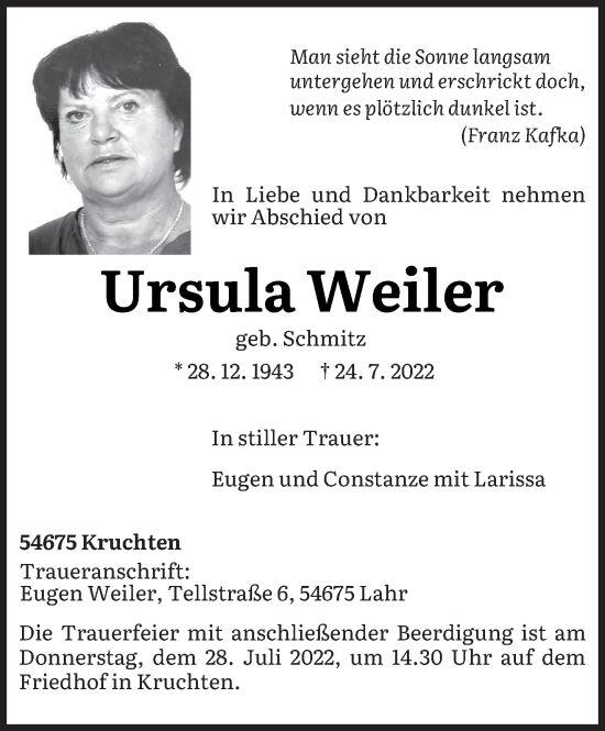 Todesanzeige von Ursula Weiler von trierischer_volksfreund
