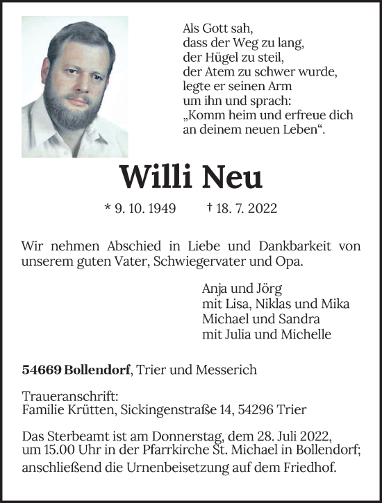 Todesanzeige von Willi Neu von trierischer_volksfreund