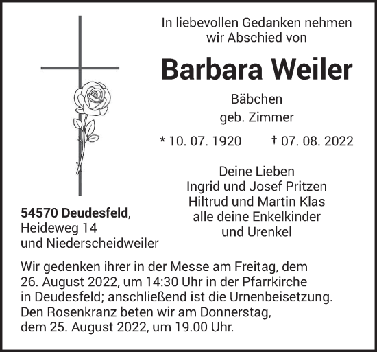 Todesanzeige von Barbara Weiler von trierischer_volksfreund
