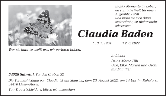 Todesanzeige von Claudia Baden von trierischer_volksfreund