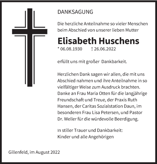 Todesanzeige von Elisabeth Huschens von trierischer_volksfreund