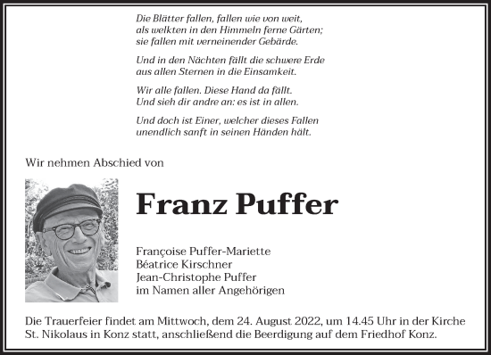 Todesanzeige von Franz Puffer von trierischer_volksfreund