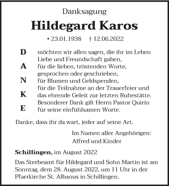 Todesanzeige von Hildegard Karos von trierischer_volksfreund
