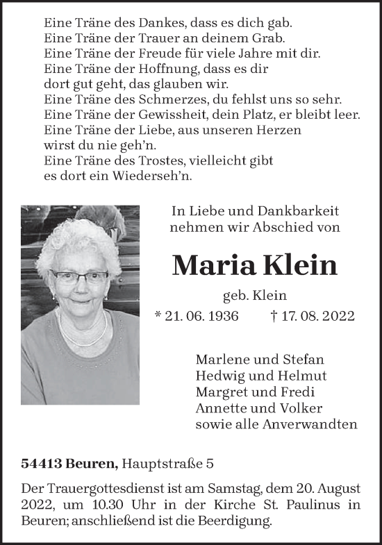 Todesanzeige von Maria Klein von trierischer_volksfreund