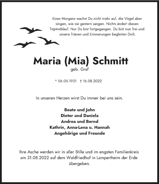 Todesanzeige von Maria Schmitt von trierischer_volksfreund