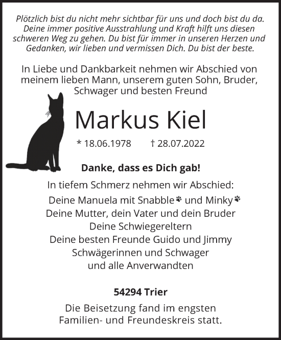 Todesanzeige von Markus Kiel von trierischer_volksfreund