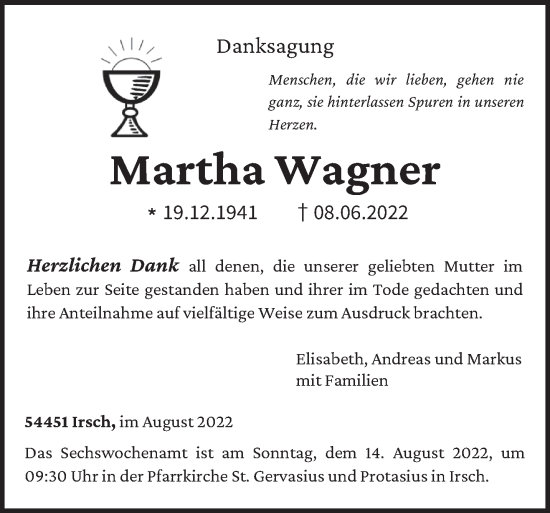 Todesanzeige von Martha Wagner von trierischer_volksfreund