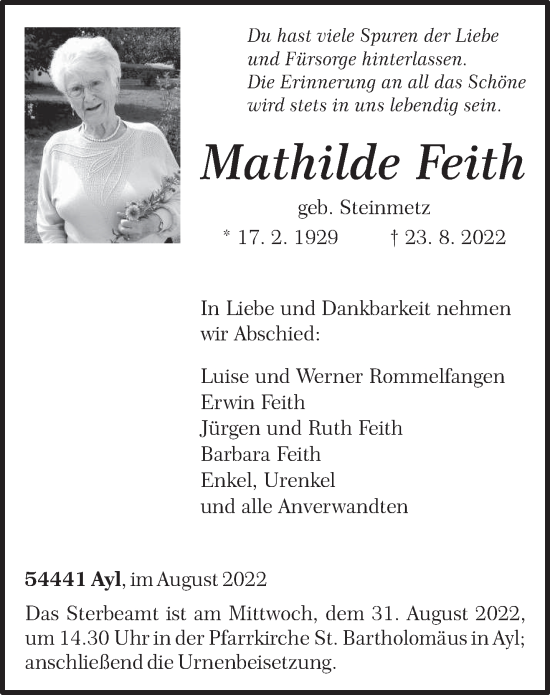 Todesanzeige von Mathilde Feith von trierischer_volksfreund