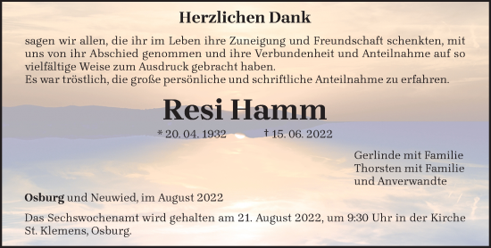 Todesanzeige von Resi Hamm von trierischer_volksfreund