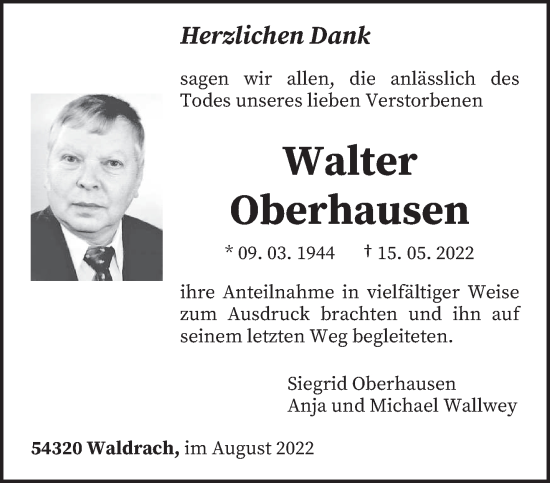 Todesanzeige von Walter Oberhausen von trierischer_volksfreund