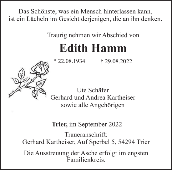 Todesanzeige von Edith Hamm von trierischer_volksfreund