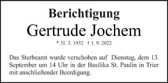 Todesanzeige von Gertrude Jochem von trierischer_volksfreund