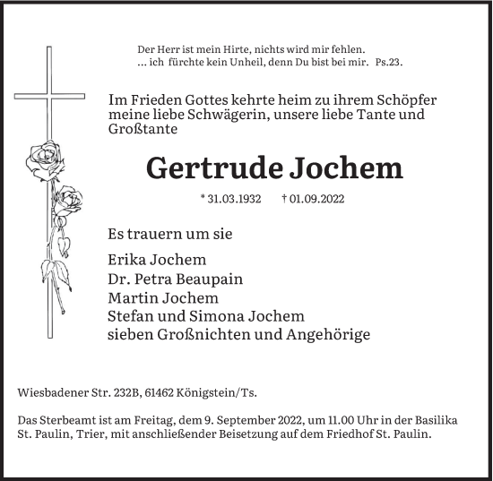 Todesanzeige von Gertrude Jochem von trierischer_volksfreund