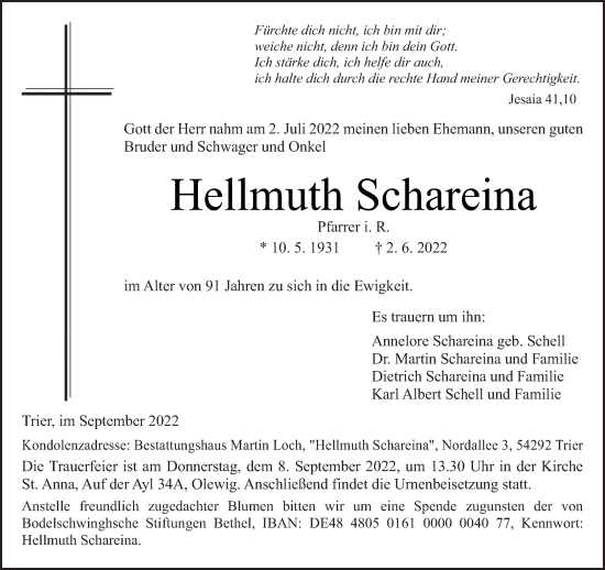 Todesanzeige von Hellmuth Schareina von trierischer_volksfreund