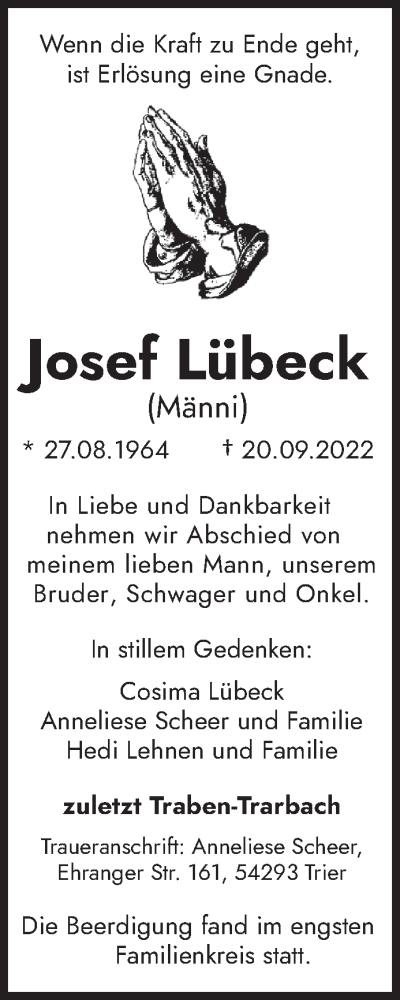 Todesanzeige von Josef Lübeck von trierischer_volksfreund