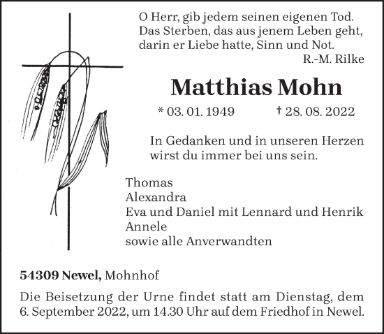 Todesanzeige von Matthias Mohn von trierischer_volksfreund