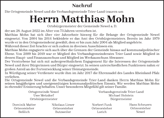 Todesanzeige von Matthias Mohn von trierischer_volksfreund