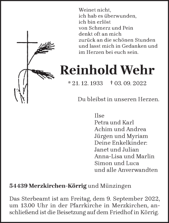 Todesanzeige von Reinhold Wehr von trierischer_volksfreund